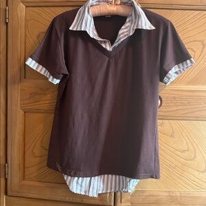 Uniti Casual Brown Striped V-Neck Shirt